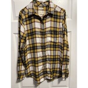 American Eagle Womens S Yellow Plaid Ahh-Mazingly Soft Boyfriend Fit Flannel LS